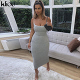 Kliou strap backless sexy bodycon midi long dress new women high waist cotton striped dresses elegant fashion party
