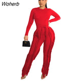 Elegant Women's Set Long Sleeve T-shirt and Tassel Pants Suit Autumn Winter Active Tracksuit Two 2 Piece Set Outfits-Outfit