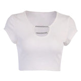 Solid Deep V-neck T shirt Ladies Short Sleeve Casual Chain Strap Streetwear Cropped Top Summer Sexy Tee Top