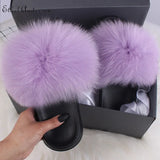 ANERSON Real Fox Raccoon Fur Slippers for Women Fur Slides Flip Flops Beach Plush Fluffy Furry Designer Slippers