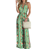 hirigin Women Floral Print Sleeveless V-neck Halter Backless Slit WideLeg Jumpsuit Streetwear Summer Boho Long Playsuit
