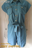 Casual Polo Collar Button-Up With Pockets Summer Jean Romper Women Flying Sleeve Belt Denim Playsuit-Outfit