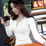 Woherb 2024 Buttons And Thread Solid Color Long Sleeve T-Shirt Women's Slim Korean New Top Bottom Shirt Outside The