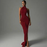New Evening Dress Party Woman's Word Collar T-Shirt Sexy Bare Back High Open Fork
