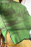 Graphic Print Green Mesh Sheer T-shirt Long Flare Sleeve Slim Crop Tops Sexy See Trough Women Tops Y2K Vintage Grunge-Outfit