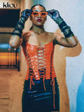 Kliou Hollow Out Bandage Faux Leather PU Tank Top Women 2021 Solid Streetwear Backless Sleeveless Sexy Party Clubwear