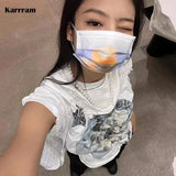 Jennie Same Tops Korean Fashion Irregular Crop Tops Grunge Fairycore Print T-shirts Y2k Aesthetics Chic Designer
