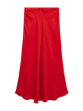 Pleated Stain Midi Skirt Women Fashion High Waist Side Zipper Long Skirts Spring Summer Chic Office Lady Red Outfits-Outfit