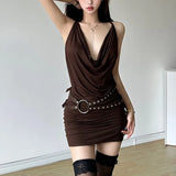 Woherb 2024 New Women's Versatile Fashion Silver Belt Decoration Brown Tight Dress-Outfit