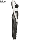Kliou Mesh Two Piece Set Women Summer Sexy Wrapped Camisole+Bodycon See Through Pleated Skirt Maching Dress Suit Girl