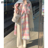 Winter Rainbow Woollen Coats Women Casual Warm Loose Plaid Long Coats Female Korean Fashion Office Lady Trench Jackets Y2k-Outfit