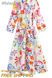 Women Summer Vintage Shirts Dress 2023 3/4 Sleeve Print Turn-down Collar Sashes Female Elegant Mid-Calf Dresses-Outfit