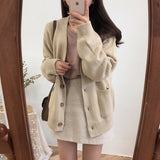 Knitted Cardigans Solid Casual V-neck Single Breasted Retro Thicker Sweater Autumn Winter Outwear Loose Teens Knitwear