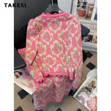 Spring Elegant Vintage Knitting 2 Piece Set Women Long Sleeve V-neck Cardigan + A-line Skirt Retro Two Piece Skirt Set-Outfit