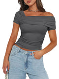 Solid color strapless wrap regular casual short sleeve backless shrunken Tee multicolor high quality pullover t-shirt-Outfit