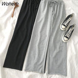 Women Drawstring High Waist Stretch Students Baggy Wide-leg Straight Trousers Draped Harajuku Hipsters Casual Slim Outwear-Outfit