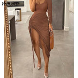 Women Plain High Slit Ruched Dress 2022 Femme Sexy Solid Drawstring One Shoulder Skinny Robe Office Lady Outfits traf-Outfit