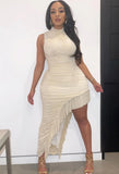 Sexy O-Neck Sleeveless Solid Pleated Asymmetrical Club