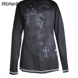 Women Y2K Aesthetic Punk Crop Tops Long Sleeve Fairy Grunge Print Top Vintage O Neck Harajuku Dark Academia T-shirts Streetwear-Outfit