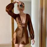 Women Sexy Satin Dress Elegant Fashion Front Tie Up Long Sleeve Birthday Party Night Mini Dress Y2K Vintage Vestidos-Outfit