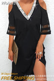 Women Short Sleeve Mini Dress Summer Contrast Mesh Scallop Trim Cold Shoulder Casual Dress Spring Casual Fashion-Outfit