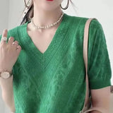 Goods Design Sense V-Neck Knitted T-Shirt Girl 2025 Spring And Summer New Loose Fashion Thin Short-Sleeved