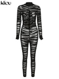 Kliou Midnight Style Jumpsuit Women Sexy Striped Mesh See Through Hollow Out One Pieces Cross Ribbons Sheath Club Female