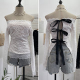 Hollow Tying With Low-Necked Bow Ribbon Dizzy Red Elastic Mesh T-Shirt Top