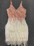 Quality Pink White Feathers Rayon Bandage Dress Elegant Night Club Party Dress