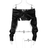 2021 Summer Autumn Women Fashion Pure Color Long Sleeves Off Shoulder Bodycon Slim Crop Top Sexy Y2K Outfit