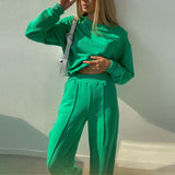 Casual Solid Tracksuit Loose Long Sleeve Pullover Sweatshirt And Elastic Wide Leg Pant Two Pieces Set Fashion Female