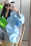 Elegant Blouses for Women Summer Shirts for Women Blue Green Patchwork Shirt Contrast Loose Top Women's Fashion Tunics-Outfit