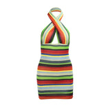 Striped Halter Neck Fashion Summer Tank Dress Sleeveless Party Club Casual Hollow Out 2021 Streetwear Backless