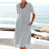 New Summer Dress Women Bohemian Short Sleeve Printed Dress Sexy Boho Style Pocket O Neck Loose Dresses For