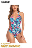 New One Piece Swimsuit Women Solid V Neck Swimwear Female Halter Monokini Bodysuit Backless Swim Beachwear Bathing Suit-Outfit