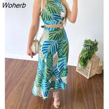 Elegant Two Piece Set Women Fashion Print Sleeveless Halterneck Vest Long Skirt Suit Two Piece Set Women-Outfit
