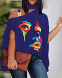 Plus-Size Women's Wear 2023 Summer New Fashion Off-Shoulder Casual Printed T-Shirt-Outfit