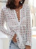 Lace Crochet Blouse Women Summer O Neck Tops Holiday Beach Cover Up Shirt Stylish Solid Hollow Out Blusas Oversized