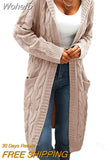Women Sweater Mid-Length Women'S Overcoat Cardigan Solid Color Hooded Twisted Knitted Open Loose Sweaters-Outfit