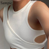 Fashion Women O Neck Mini Short Sleeveless Knit Ribber Crop Tops Skinny Black Hollow Out Streetwear Y2K Tank Tops