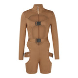 hirigin Women Bodycon Buckle Cut Out Biker Rompers Sexy Long Sleeves Hollow Out Clubwear Bodysuit One Piece Short Jumpsuit