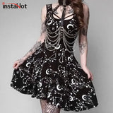Space Print Gothic Tank Strap Dress Women Sleeveless Square Neck Pleated Mini Dresses High Waist Summer Outfits