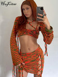 Print Knitting Women Long Sleeve Crop Top Drawstring Mini Dress 2 Piece Set 2021 Autumn Y2K Streetwear Outfit