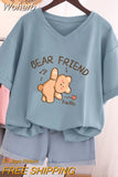 100% Cotton L-5XL Plus Size T Shirt Bunny Print V Neck Tshirt Short Sleeve Women Top Basic Summer Couple Solid T Shirts-Outfit