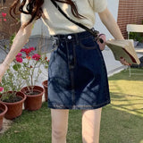 Korean Style Denim Mini Skirts for Women Summer 2024 Dark Blue Short A Line Skirt Woman Jeans High Waist Skirts Female-Outfit