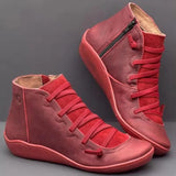 Winter Women Ankle Boots Retro Punk PU Leather Plush Snow Boots Casual Strap Slip-On Waterproof Flat Shoes Short