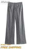 2023 Women Summer Casual Solid Straight Pants Linen Pockets Button Female Fashion Street Elegant Trousers Clothing-Outfit