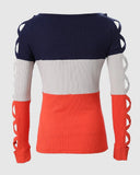 Out Fashion Colorblock Crisscross Cold Shoulder Top Casual Pullover Top T Shirt-Outfit