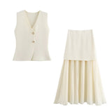 Women's 2025 Summer New V-Neck Gold Button Knitted Vest + Folding Skirt