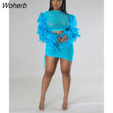 skirt sets for women mesh see though crystal fur long sleeve t-shirt ruched asymmetrical skirts two 2 piece set outfits-Outfit